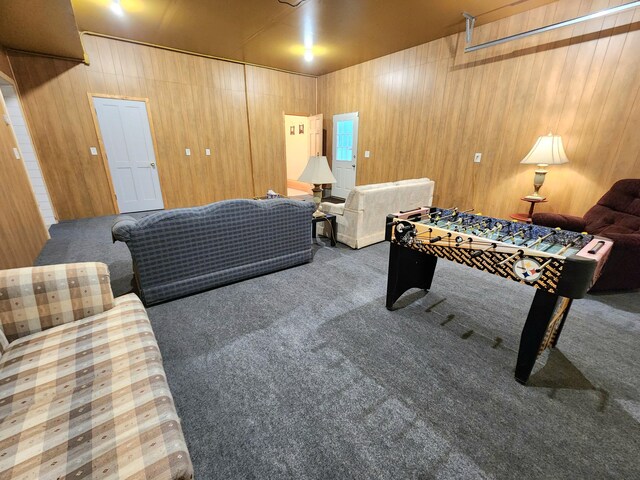 6039 W Morris Lake Rd, Mears, MI 49436 - rec room featuring wooden walls and carpet flooring