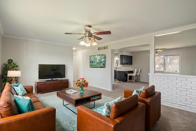 20100 Wick Rd, Taylor, MI 48180 - living area with light carpet, a ceiling fan, visible vents, and crown molding