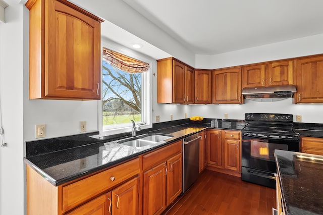 7511 Dunross Dr, Portage, MI 49024 - kitchen with a sink, dark wood-style flooring, black electric range oven, dishwasher, and under cabinet range hood
