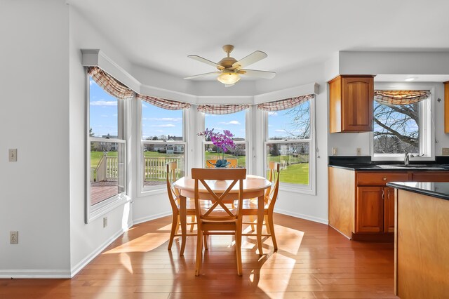 7511 Dunross Dr, Portage, MI 49024 - dining area with hardwood / wood-style floors, a ceiling fan, and baseboards