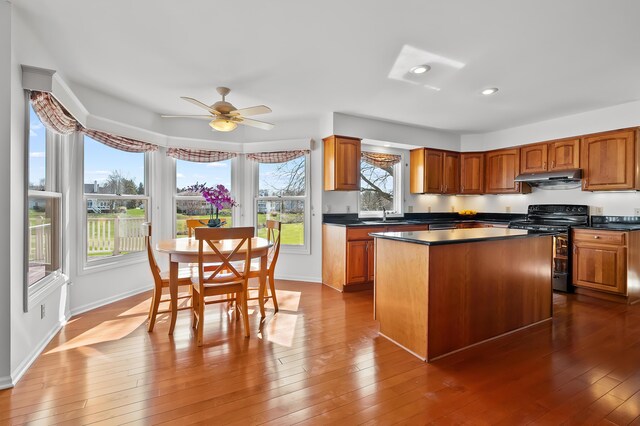 7511 Dunross Dr, Portage, MI 49024 - kitchen with black / electric stove, under cabinet range hood, dark countertops, a center island, and ceiling fan