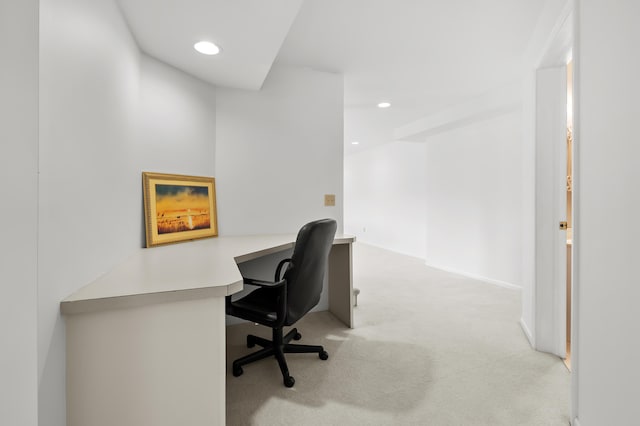 7511 Dunross Dr, Portage, MI 49024 - home office with light colored carpet, baseboards, built in desk, and recessed lighting