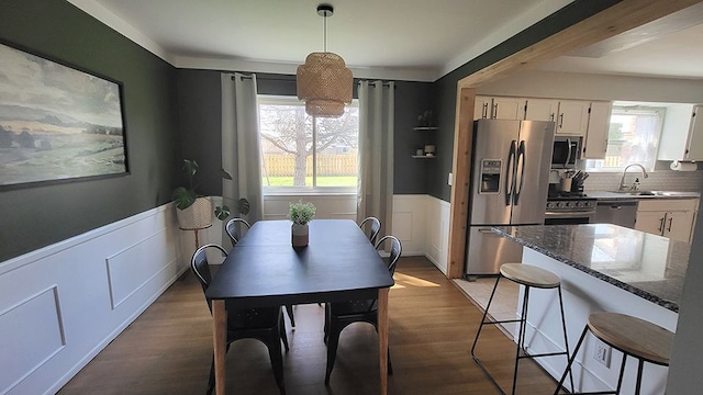23528 King Dr, Clinton Township, MI 48035 - dining room featuring dark wood finished floors, wainscoting, and a wealth of natural light