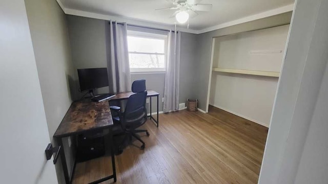 23528 King Dr, Clinton Township, MI 48035 - office area with baseboards, wood finished floors, a ceiling fan, and crown molding