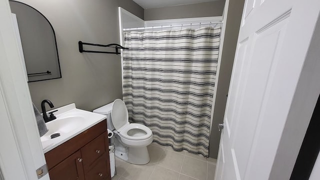 23528 King Dr, Clinton Township, MI 48035 - bathroom featuring toilet, tile patterned floors, vanity, and a shower with shower curtain