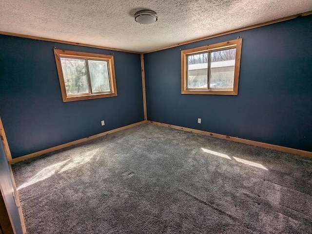 spare room with carpet, a textured ceiling, and baseboards