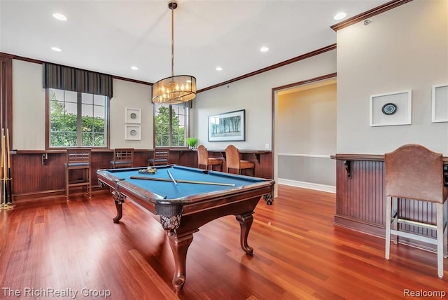 45645 Graystone Ln, Canton, MI 48187 - rec room featuring ornamental molding, wood finished floors, billiards, recessed lighting, and a wainscoted wall