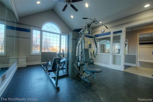 45645 Graystone Ln, Canton, MI 48187 - workout area featuring lofted ceiling, baseboards, recessed lighting, and ceiling fan