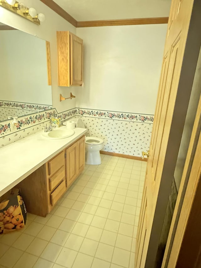 4 Grady Ct, Coldwater, MI 49036 - bathroom featuring vanity, crown molding, tile patterned floors, and wallpapered walls