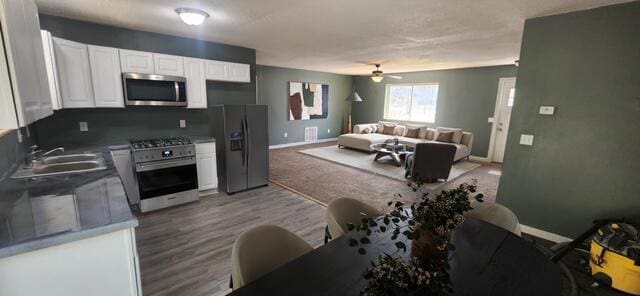 9864 Cadillac Dr, Lake, MI 48632 - kitchen featuring appliances with stainless steel finishes, a sink, white cabinetry, a ceiling fan, and baseboards
