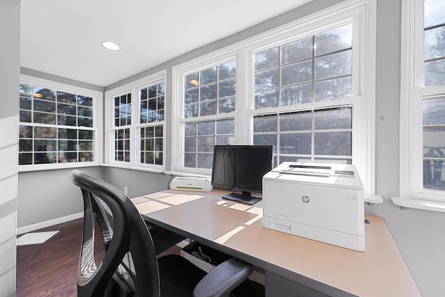 office space featuring recessed lighting, wood finished floors, and baseboards
