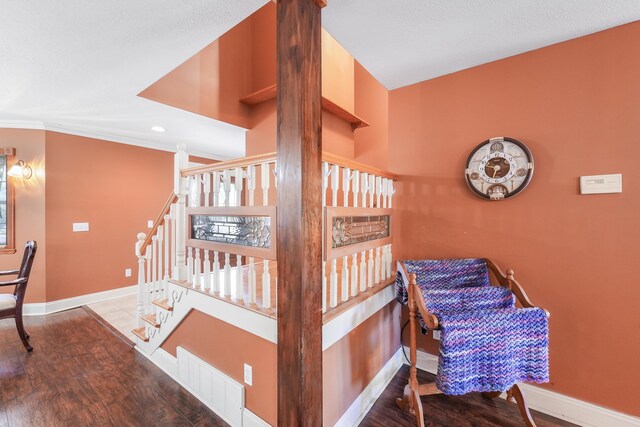 stairs featuring recessed lighting, visible vents, wood finished floors, and baseboards