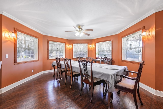 dining room featuring wood finished floors, a healthy amount of sunlight, a ceiling fan, and baseboards