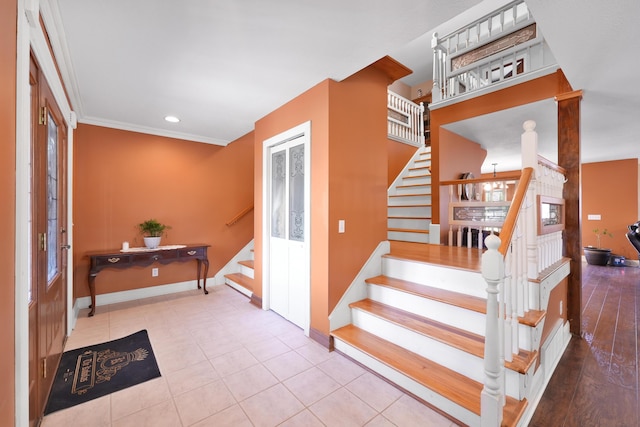 staircase featuring baseboards, tile patterned flooring, recessed lighting, and crown molding