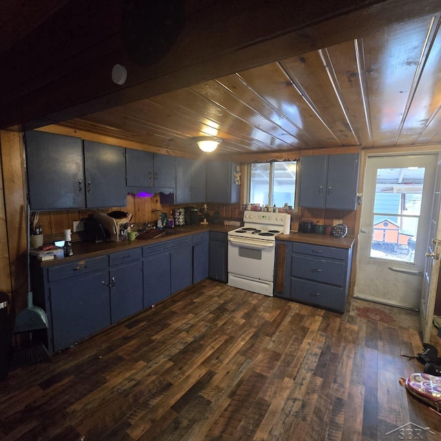 kitchen featuring white electric range oven, dark wood finished floors, dark countertops, gray cabinets, and wood ceiling