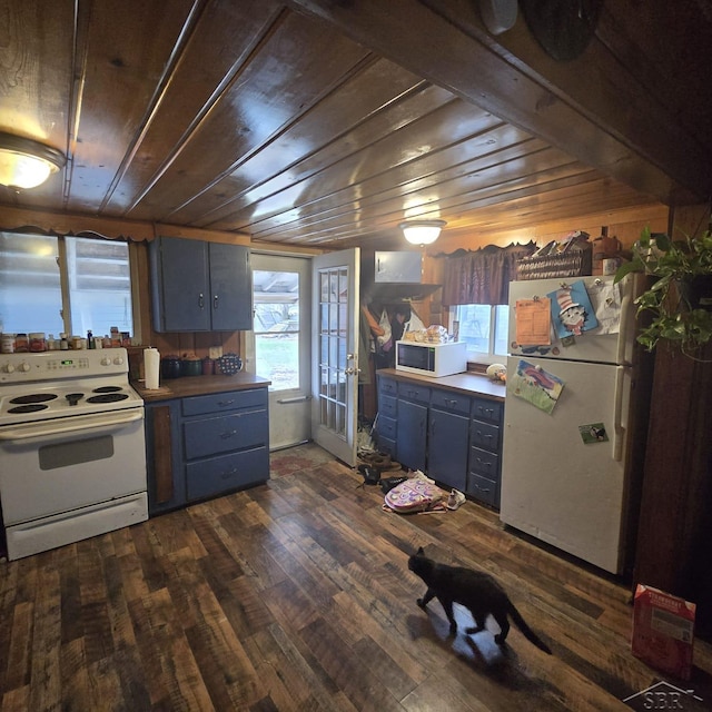 kitchen featuring blue cabinets, french doors, dark wood finished floors, white appliances, and wood ceiling