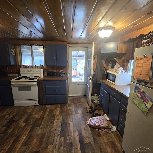 kitchen featuring dark wood-type flooring and white appliances