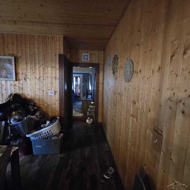 1390 E Wilcox Ave, White Cloud, MI 49349 - hallway featuring wood finished floors, wooden walls, and wooden ceiling