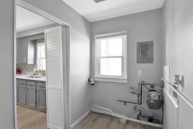 bathroom featuring a sink, electric panel, wood finished floors, and decorative backsplash