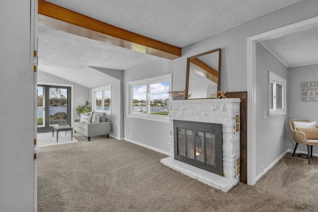8033 S Portage Rd, Jackson, MI 49201 - carpeted living area with a stone fireplace, a textured ceiling, and baseboards