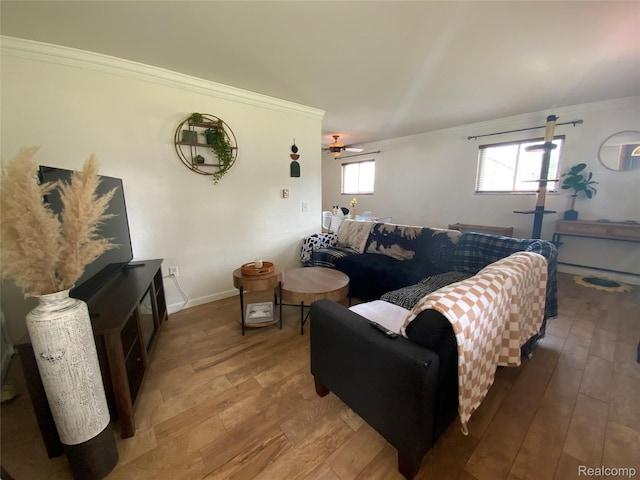 135 Gerald Ave, Clawson, MI 48017 - living room with ornamental molding, hardwood / wood-style floors, and a ceiling fan