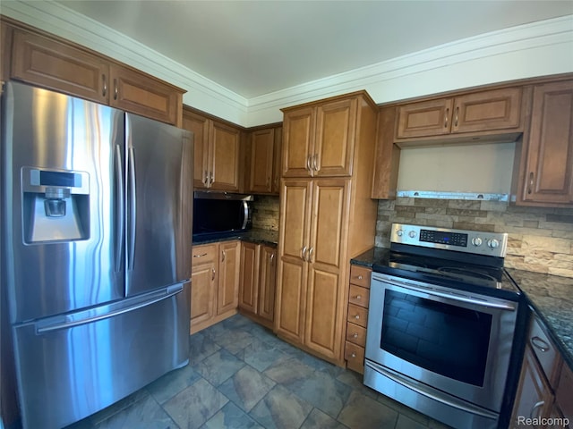 135 Gerald Ave, Clawson, MI 48017 - kitchen featuring stainless steel appliances, backsplash, brown cabinetry, and ornamental molding