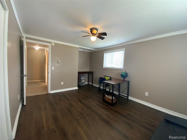 135 Gerald Ave, Clawson, MI 48017 - unfurnished living room with ornamental molding, ceiling fan, dark wood-type flooring, and baseboards