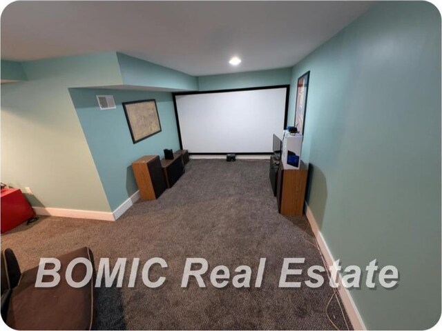 carpeted home theater with baseboards and recessed lighting