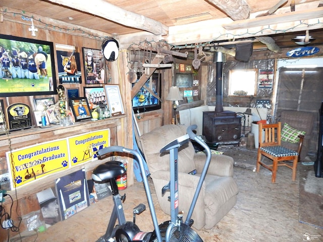 interior space featuring a wood stove