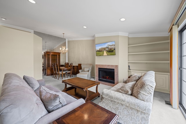 living room featuring recessed lighting, a notable chandelier, crown molding, and light colored carpet