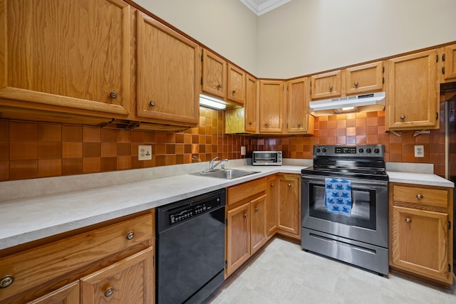 kitchen with electric range, black dishwasher, under cabinet range hood, a sink, and crown molding