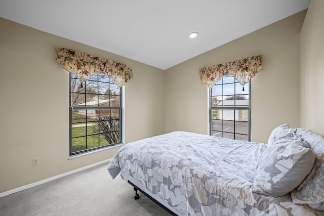 carpeted bedroom with baseboards and recessed lighting