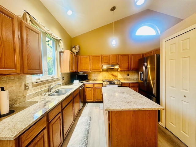kitchen with a sink, stainless steel appliances, under cabinet range hood, light wood-type flooring, and a kitchen island