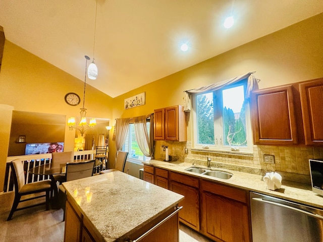 kitchen with a center island, tasteful backsplash, dishwasher, and a sink