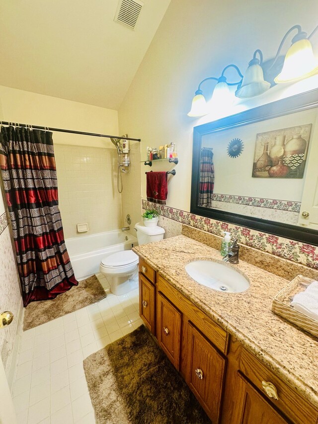 full bath featuring visible vents, toilet, vaulted ceiling, vanity, and tile patterned flooring