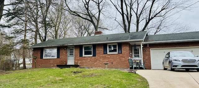 single story home with concrete driveway, a front lawn, brick siding, and a chimney