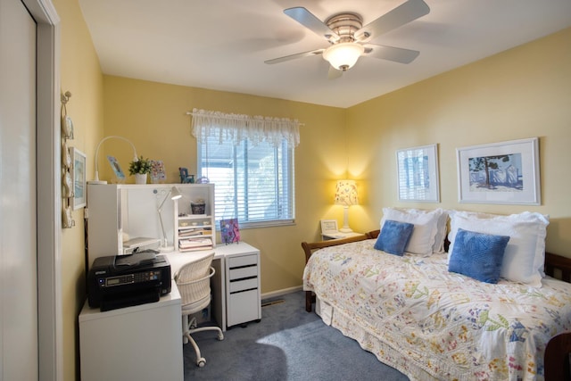 bedroom with baseboards, carpet, and ceiling fan