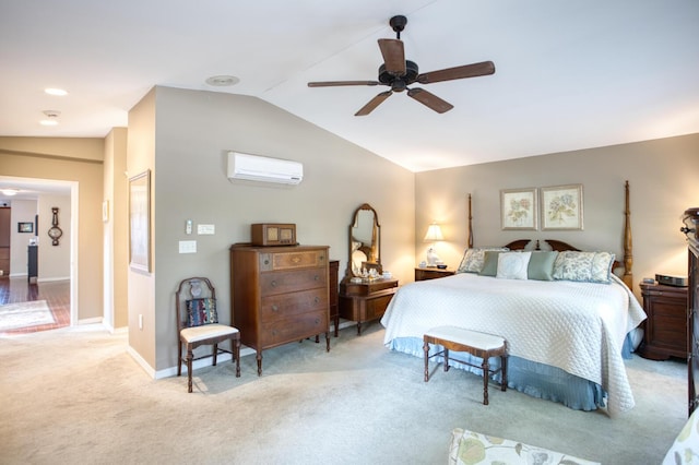 carpeted bedroom featuring ceiling fan, lofted ceiling, baseboards, and a wall unit AC