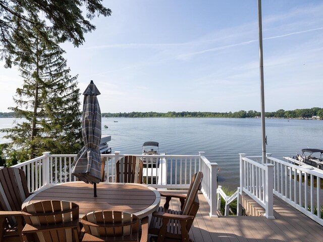 wooden deck featuring a water view