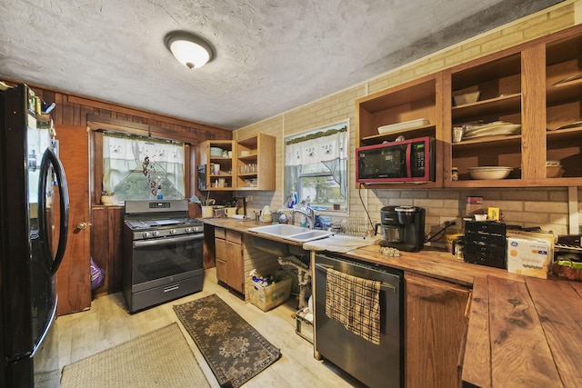 8825 Mills Rd, Manitou Beach, MI 49253 - kitchen featuring appliances with stainless steel finishes, open shelves, a sink, light wood-style floors, and wooden counters