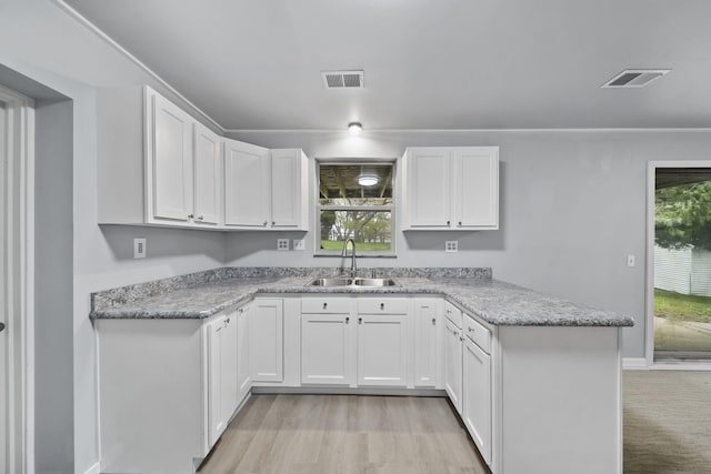 8825 Mills Rd, Manitou Beach, MI 49253 - kitchen featuring a sink, a peninsula, white cabinets, and baseboards