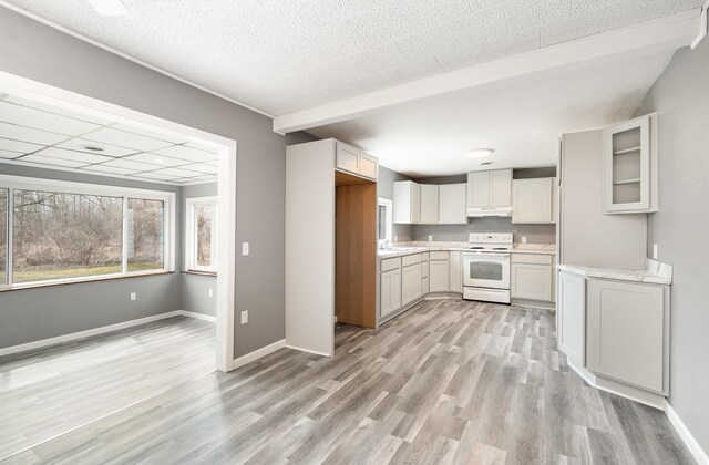 4345 W Mcnally Rd, Coleman, MI 48618 - kitchen with under cabinet range hood, light countertops, beamed ceiling, light wood-style floors, and electric range
