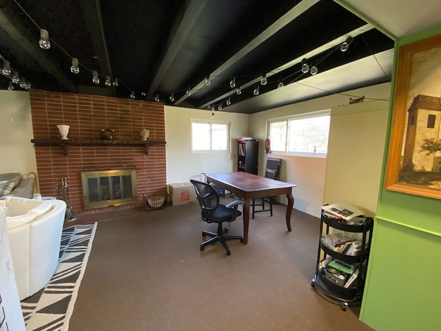 office featuring a brick fireplace