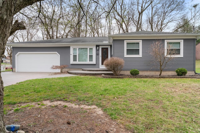 ranch-style home featuring an attached garage, a front lawn, and concrete driveway