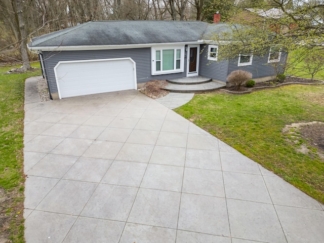 ranch-style home with a chimney, a shingled roof, concrete driveway, an attached garage, and a front yard