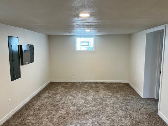 below grade area featuring baseboards, carpet flooring, and electric panel