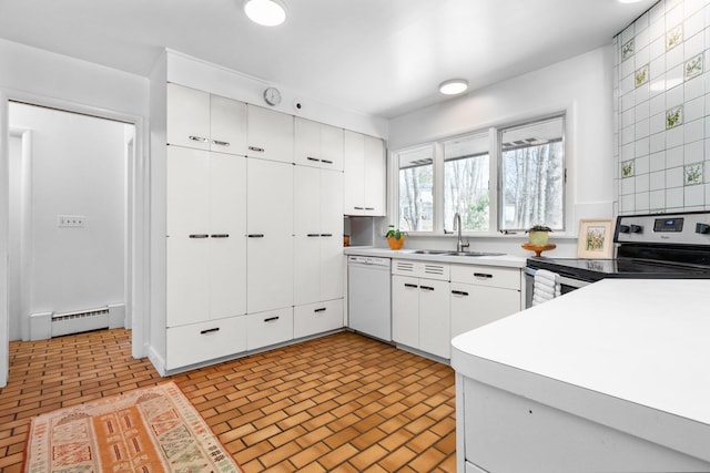 1657 Glenwood Rd, Ann Arbor, MI 48104 - kitchen featuring electric range, a sink, white dishwasher, and brick patterned flooring