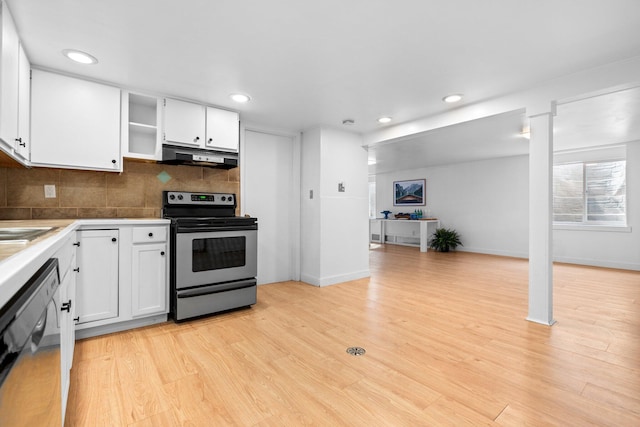 1657 Glenwood Rd, Ann Arbor, MI 48104 - kitchen with stainless steel range with electric cooktop, under cabinet range hood, dishwasher, light wood-type flooring, and white cabinets