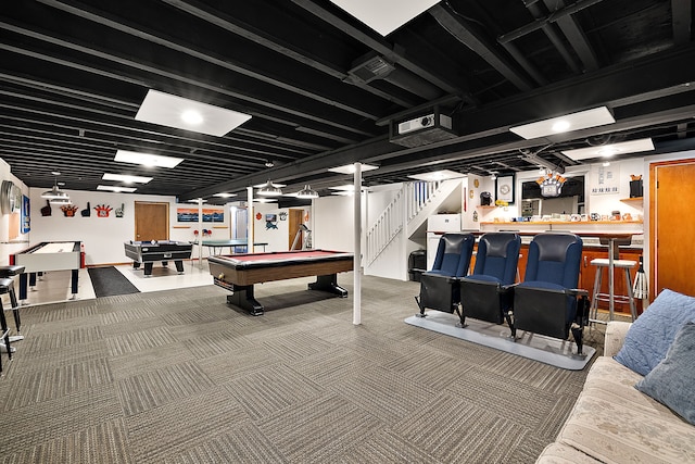 playroom featuring carpet flooring, pool table, and bar