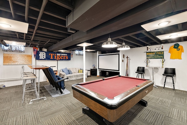 rec room with carpet flooring and billiards